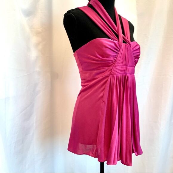 Bcbgmaxazria hot fuchsia pink satin effect pleated ruched halter top blouse Sz M - Picture 5 of 11